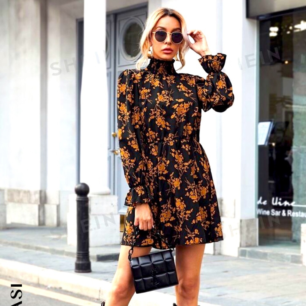 SHEIN clasi | shirred high neck flounce sleeve floral minidress | sz 6 nwot.